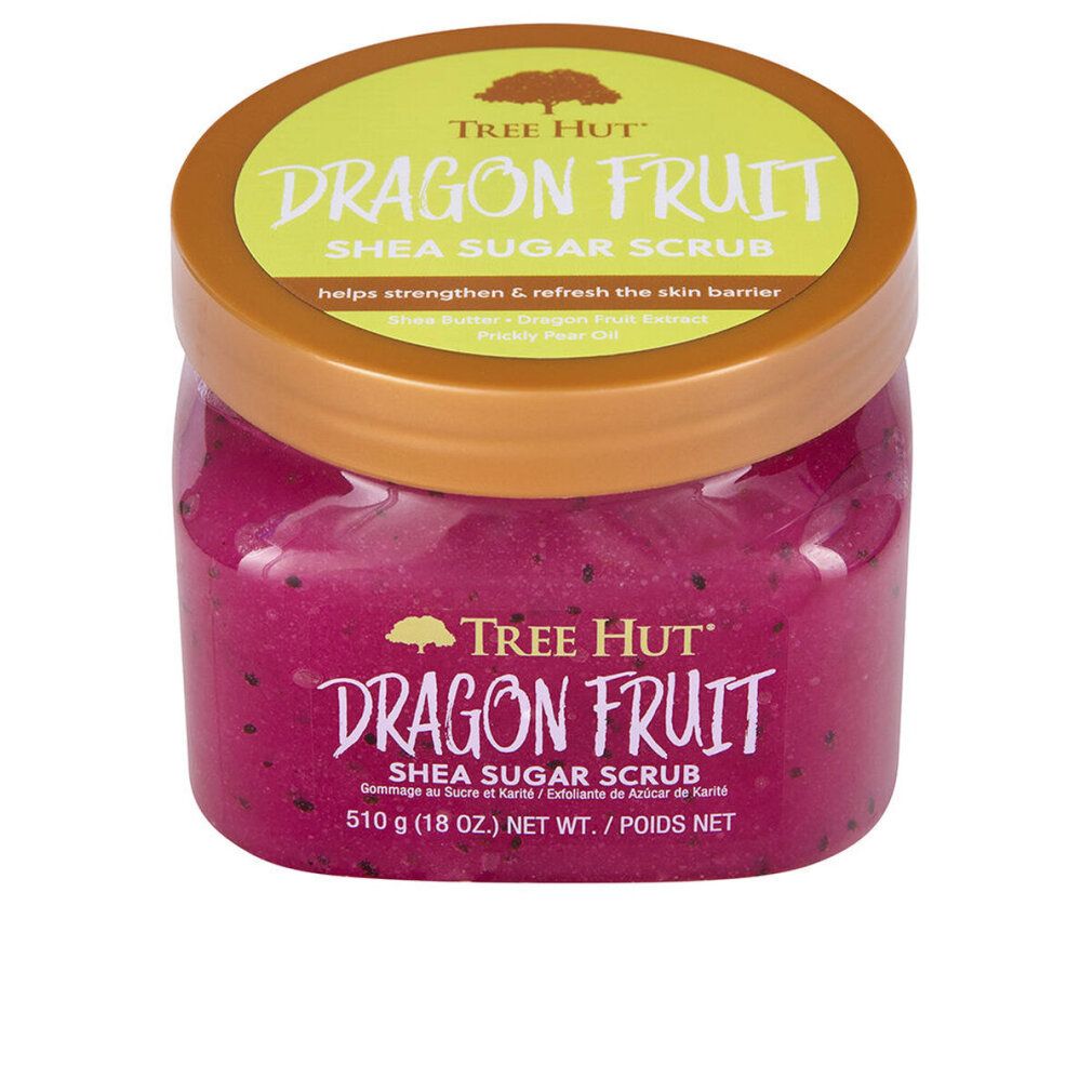 Drachenfrucht Shea Zuckerpeeling in einem durchsichtigen Behälter mit orangefarbenem Deckel. Der Inhalt ist pink mit schwarzen Samen.