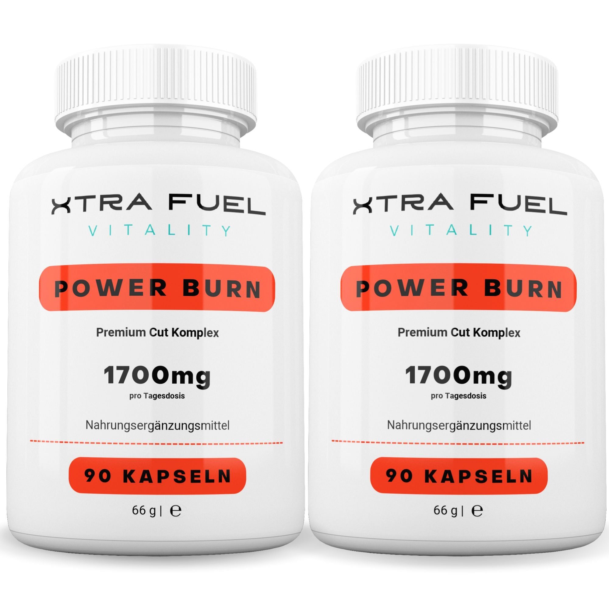 Zwei weiße Flaschen mit XTRA FUEL Power Burn Kapseln. Aufschrift: 1700mg, 90 Kapseln.