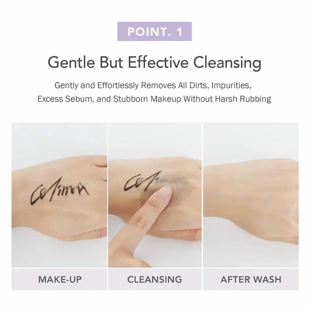 Drei Hände zeigen Make-up-Entfernung. Text: Make-up, Reinigung, nach dem Waschen. Marke: Celimax.