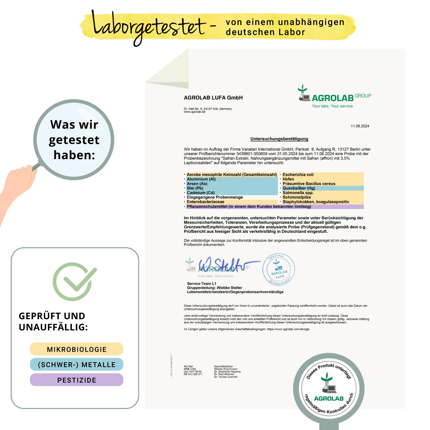 Zertifikat von Agrolab für Safran Extrakt. Geprüft auf Mikrobiologie, Schwermetalle und Pestizide.