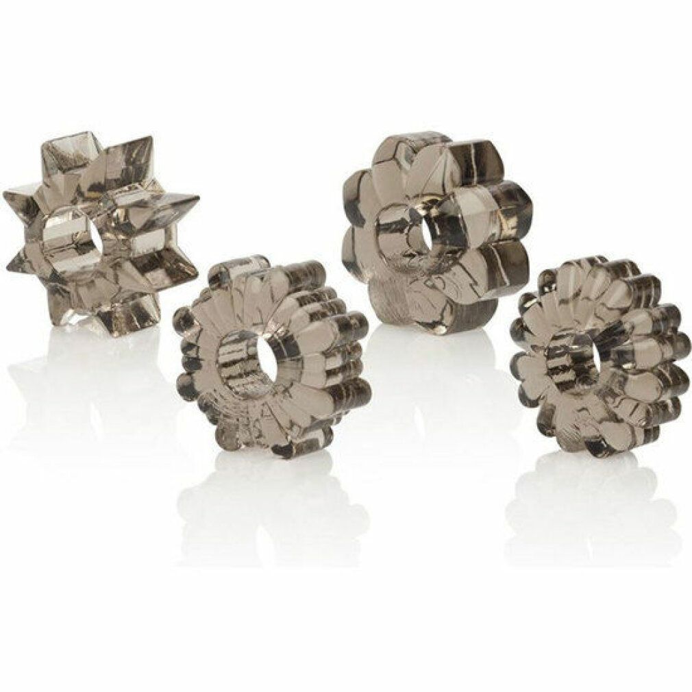 Vier dunkelgraue Enhancer in verschiedenen Formen. Sie sind ringförmig mit unterschiedlichen Designs.