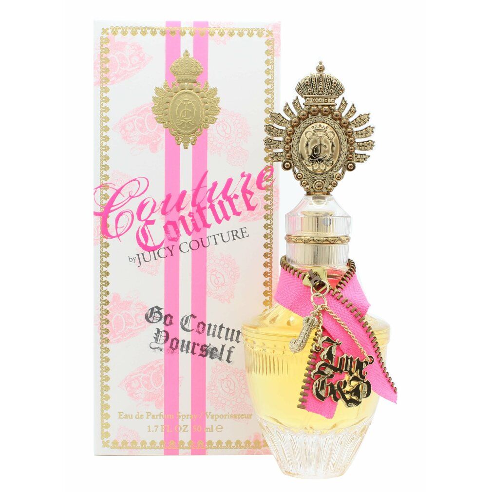 Parfümflasche mit goldfarbenem Verschluss und rosa Schleife. Verpackung mit Produktnamen und Logo.