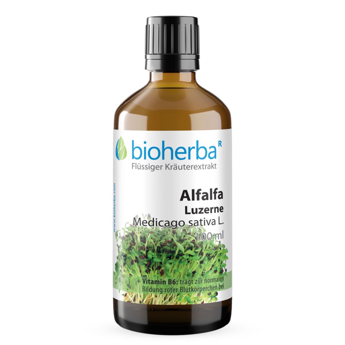 Etikett mit Produktinformationen. Bioherba Logo. Alfalfa Luzerne, Medicago sativa L. Zutaten, Verzehrempfehlung, Nährwertangaben.