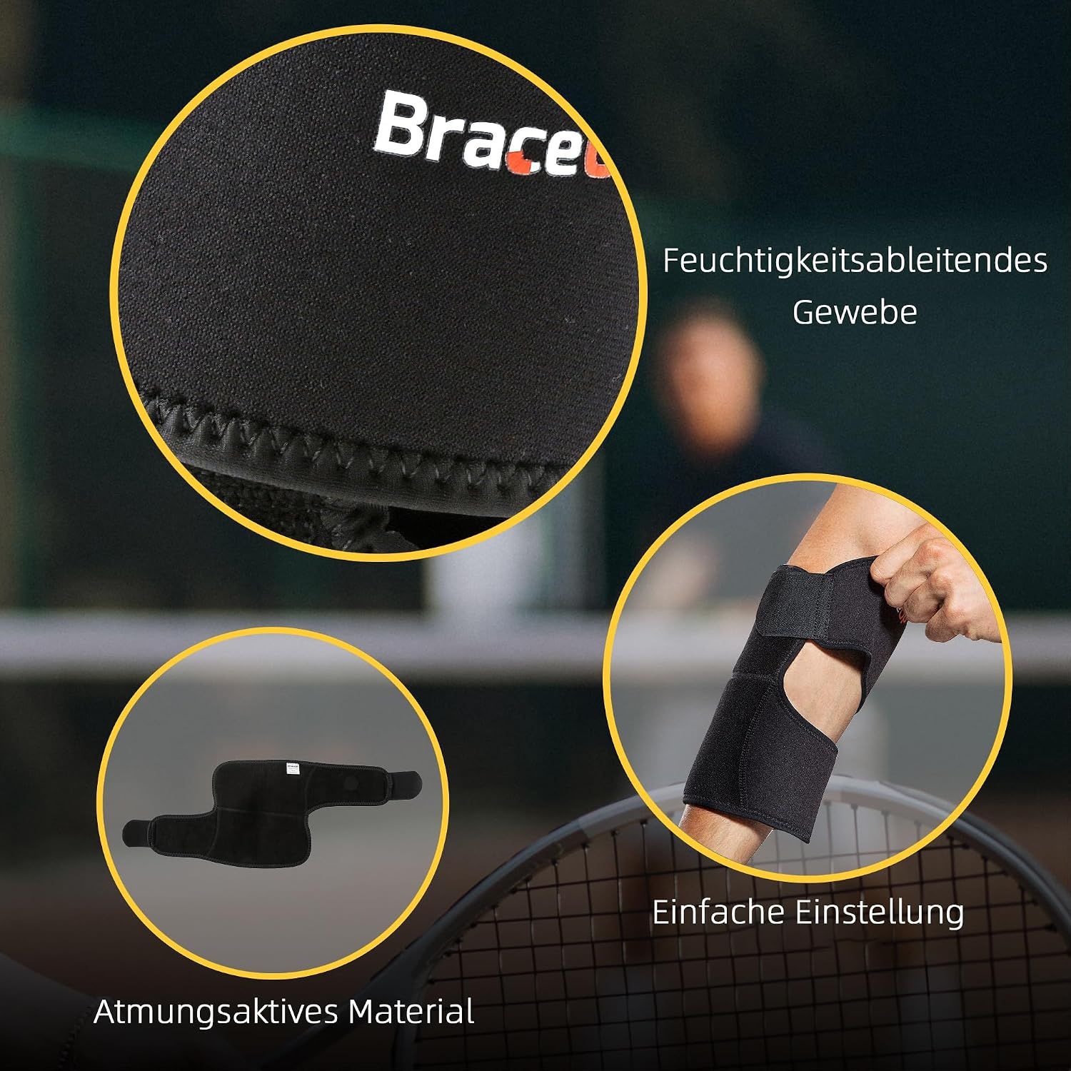Schwarzer Ellenbogen-Stabilisator mit abnehmbarem Stützstab und Klettverschlüssen.