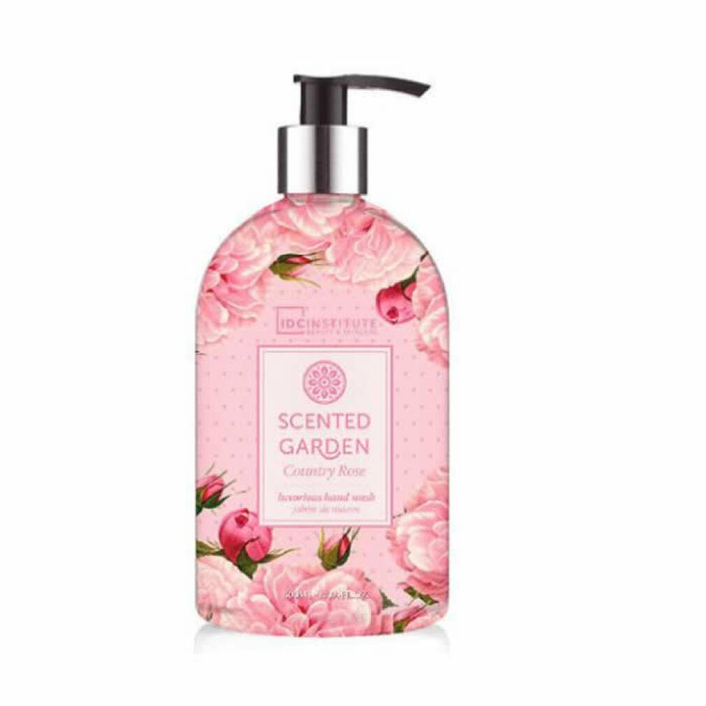 Rosa-Handseife mit Blumendekor. Flasche mit Dosierpumpe. Aufschrift: Scented Garden Country Rose. Marke: IDC INSTITUTE.