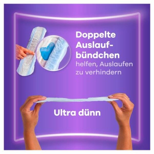 Hände halten ein dünnes Always Discreet Produkt. Text: Doppelte Auslaufbündchen helfen, Auslaufen zu verhindern. Ultra dünn.