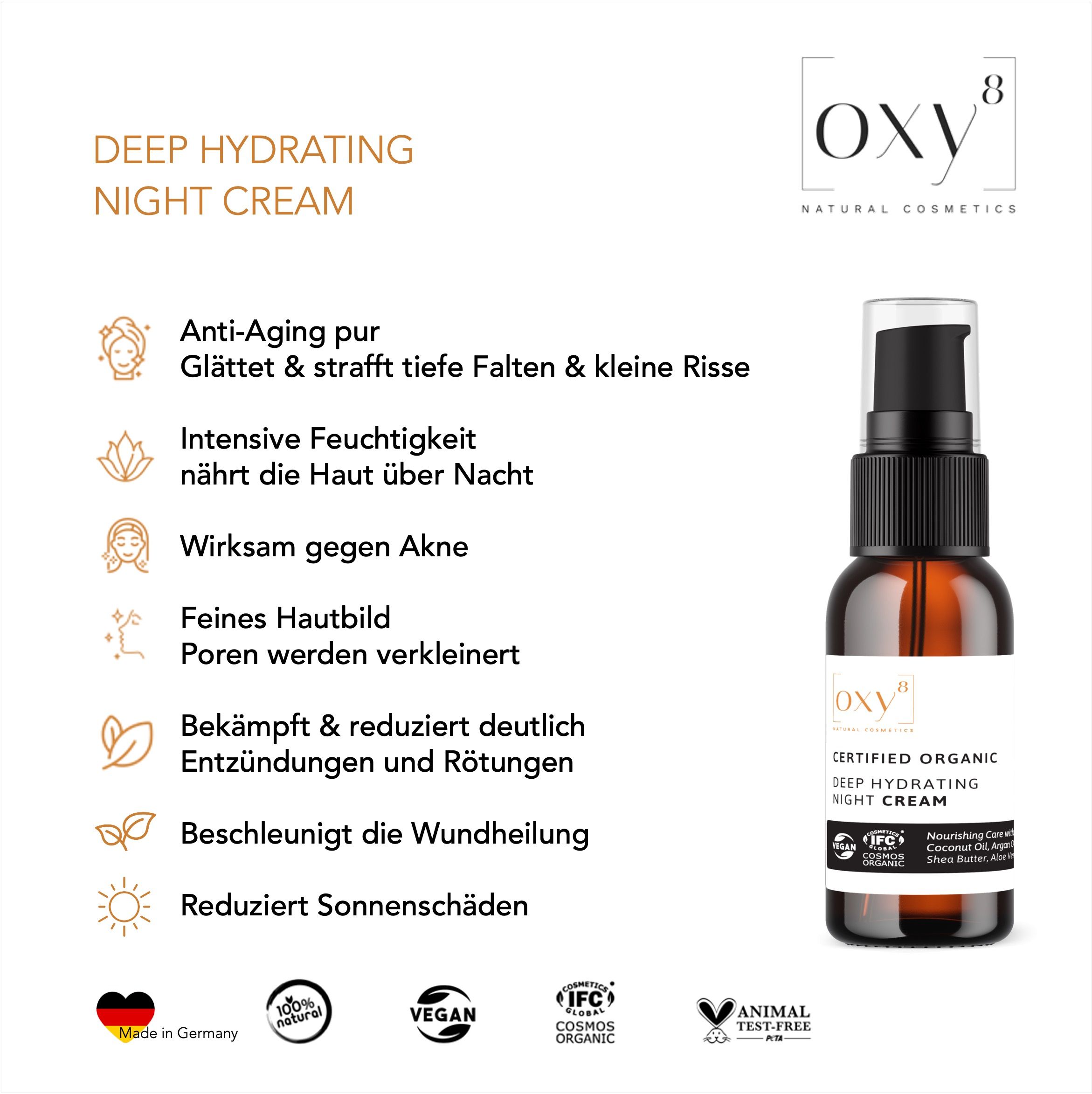 oxy8 Naturkosmetik DEEP HYDRATING NIGHT CREAM - Anti Aging Nachtcreme. Glättet Falten, nährt d. Haut