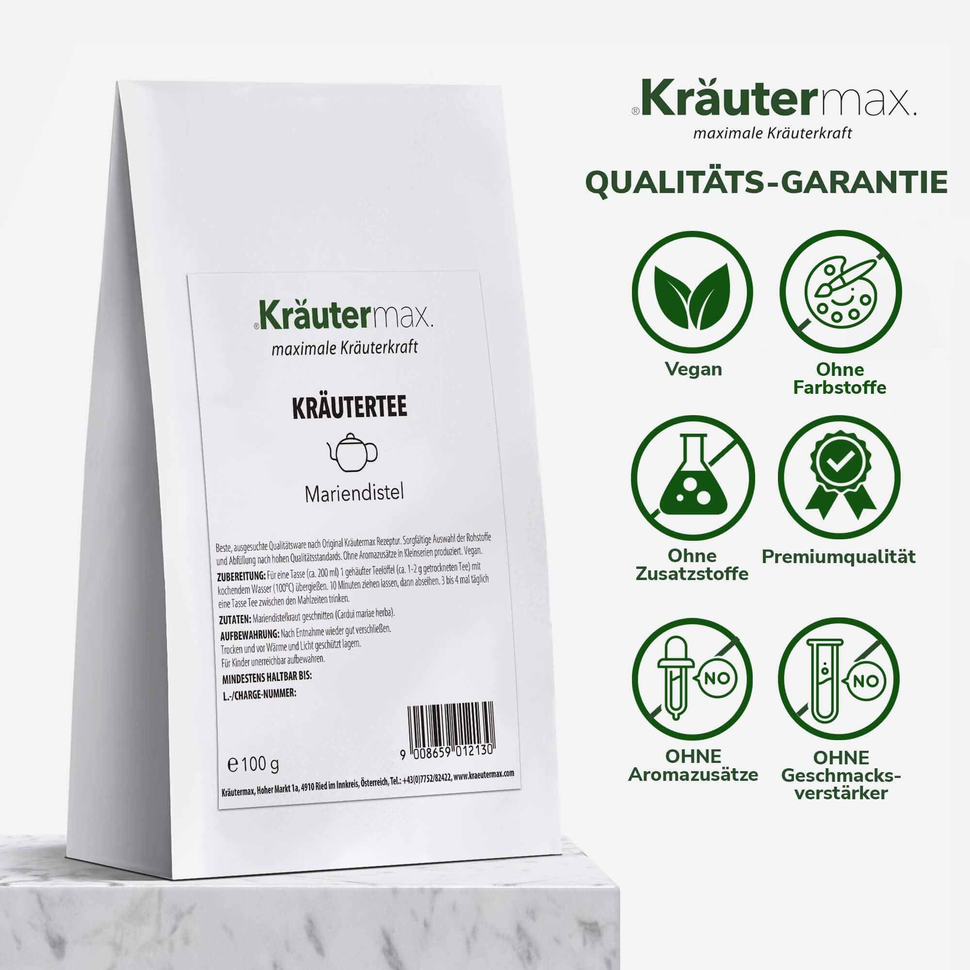 Kräutermax Kräutertee-Packung, Mariendistel. Qualitätsgarantie-Siegel: Vegan, ohne Farbstoffe, ohne Zusatzstoffe, Premiumqualität.