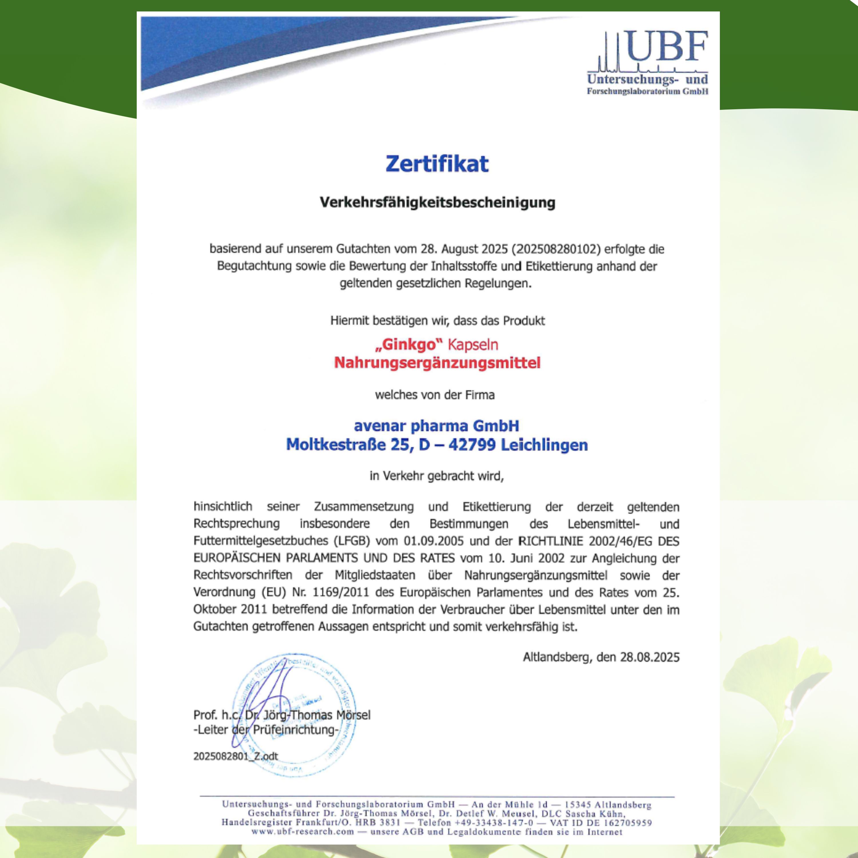 Zertifikat der Verkehrsfähigkeitsbescheinigung für Ginkgo Kapseln. Unterschrift und Stempel.