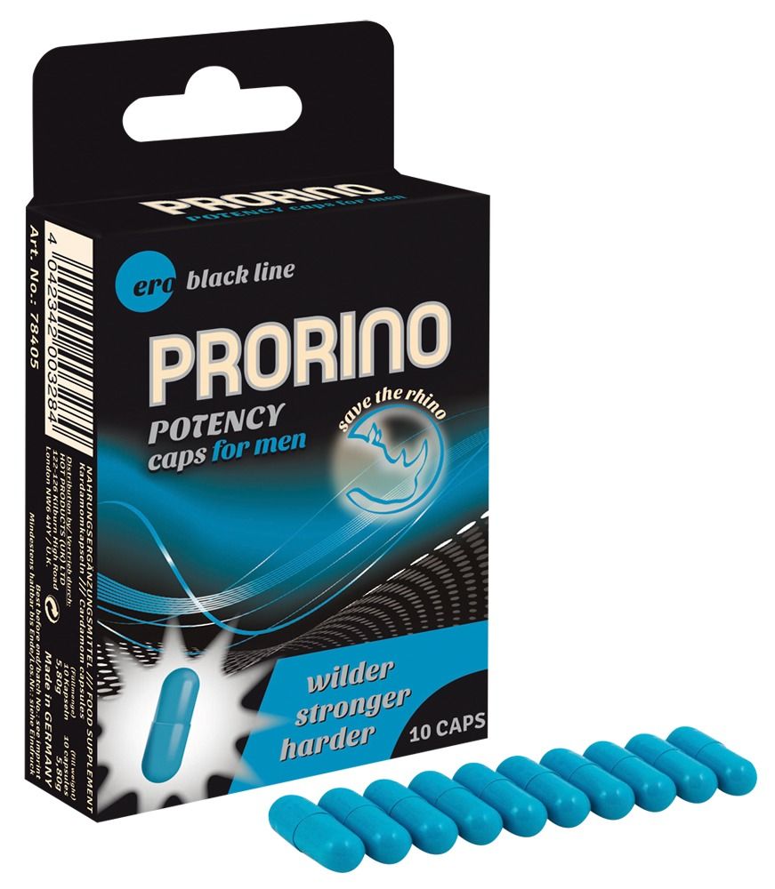 Schwarze Verpackung mit blauer Schrift. Enthält 10 Kapseln. Aufschrift: PRORINO POTENCY caps for men.