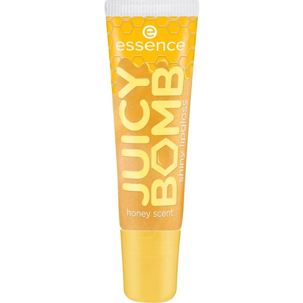Essence Juicy Bomb Shiny Lipgloss. Gelbe Tube mit Honig-Design. Schriftzug: Juicy Bomb, shiny lipgloss, honey scent. Applikator sichtbar.