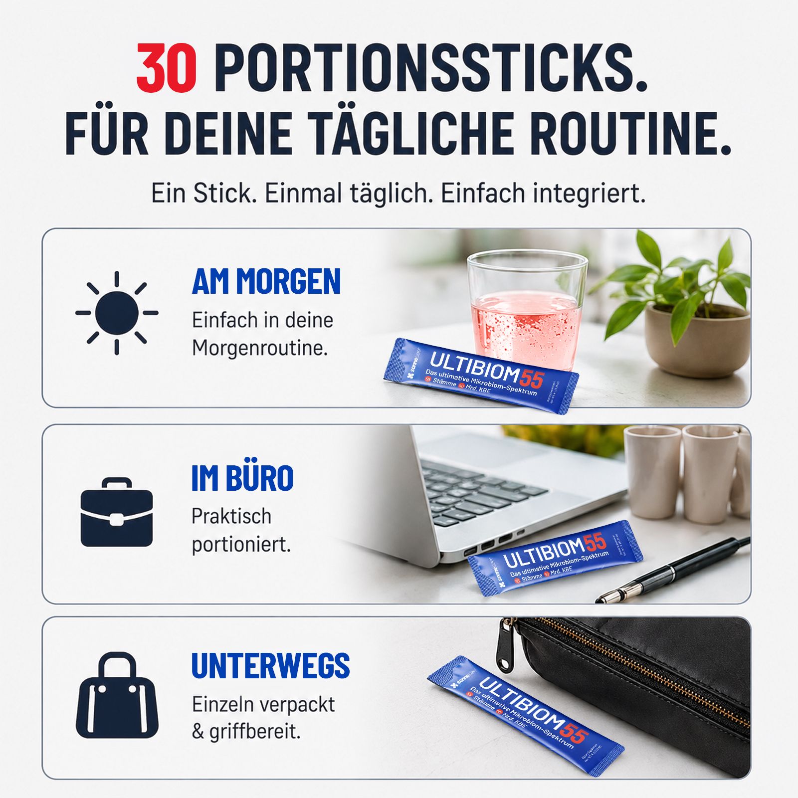 30 Portionssticks ULTIBIOM 55 für Morgenroutine, Büro und unterwegs. Einzeln verpackt.