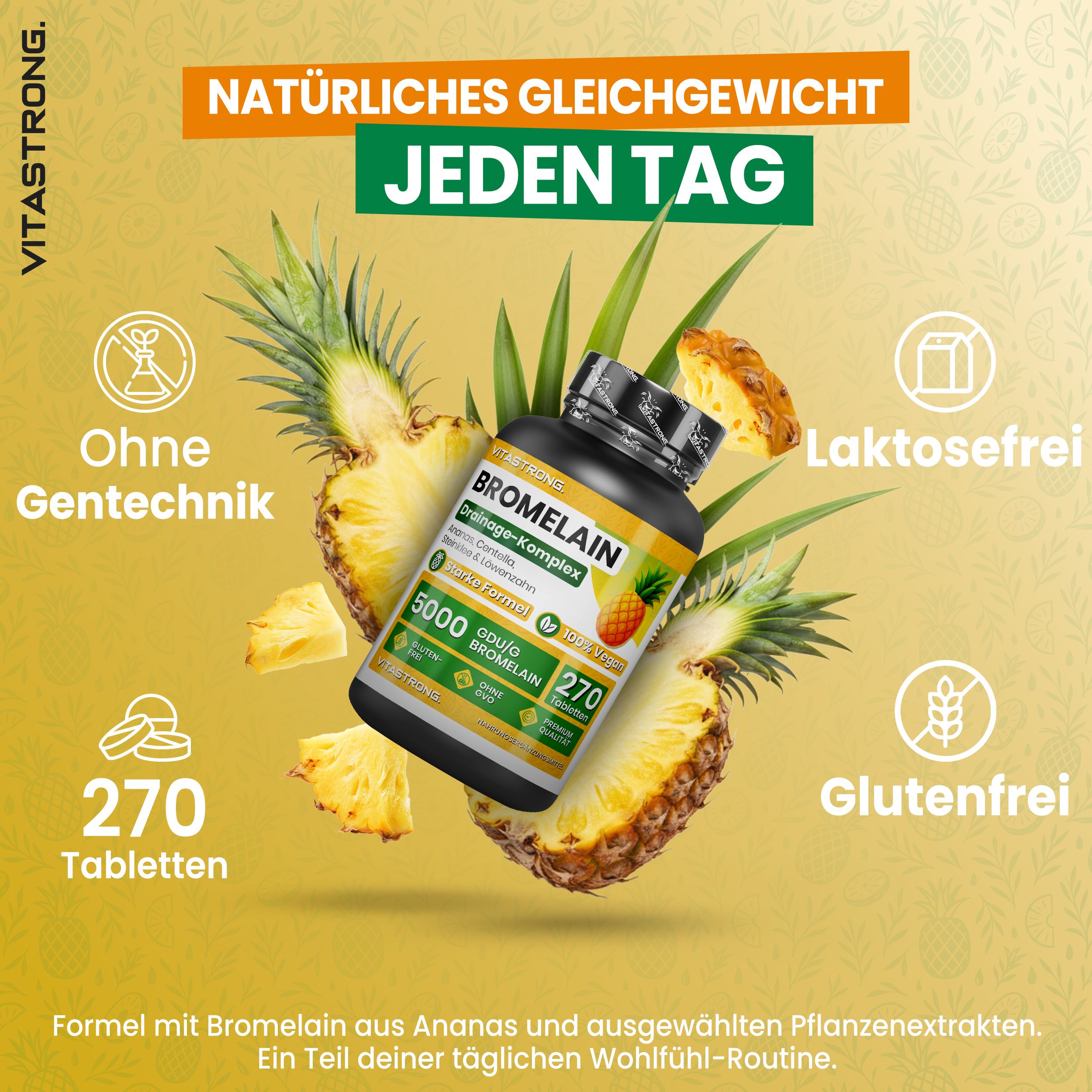 Rückseite der Bromelain-Tabletten-Verpackung. Vitastrong. Mehrsprachige Informationen.