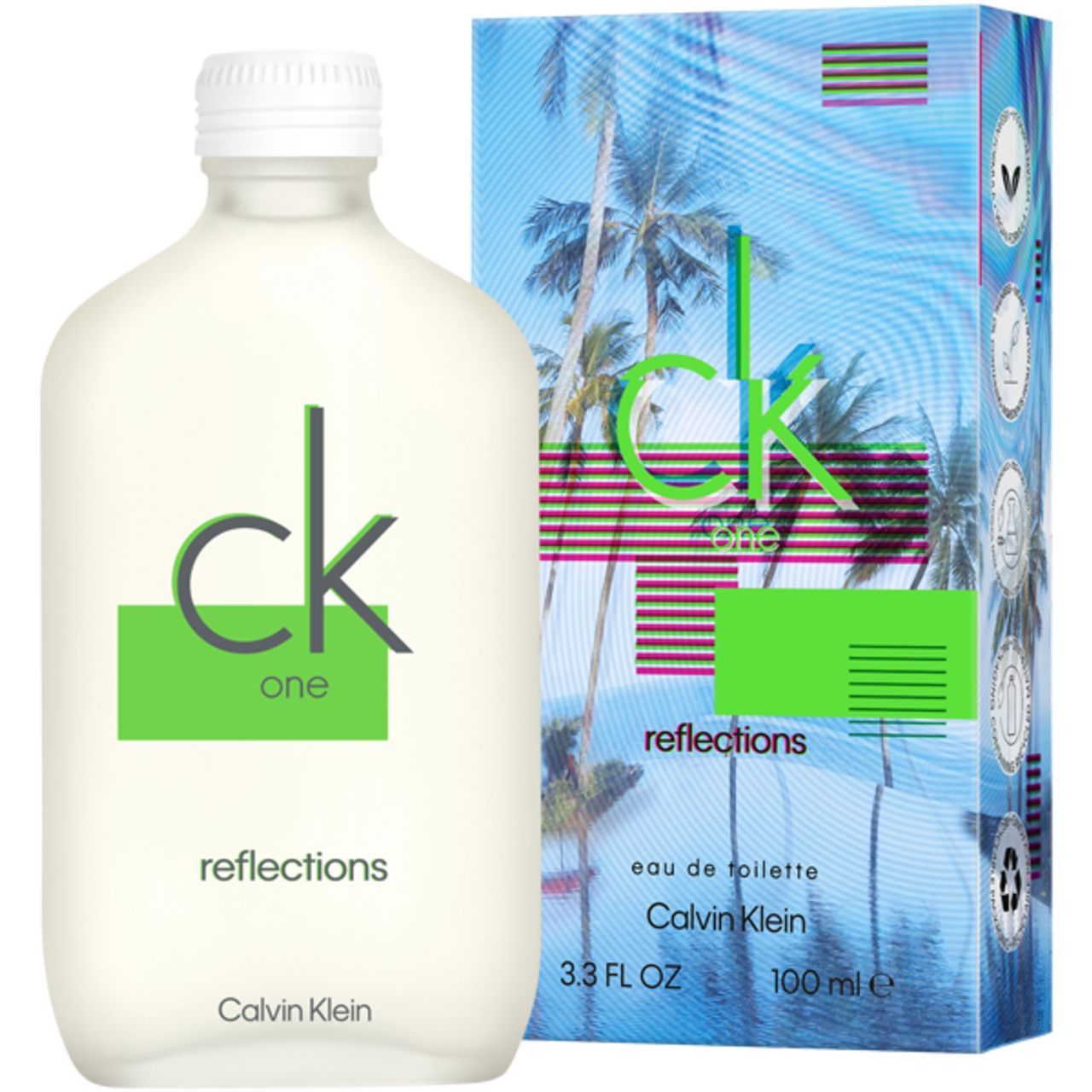 CK One Reflections E.d.T. Nat. Spray Flakon und Verpackung. Weißes Flakon, Verpackung mit Palmenmotiv. Calvin Klein.