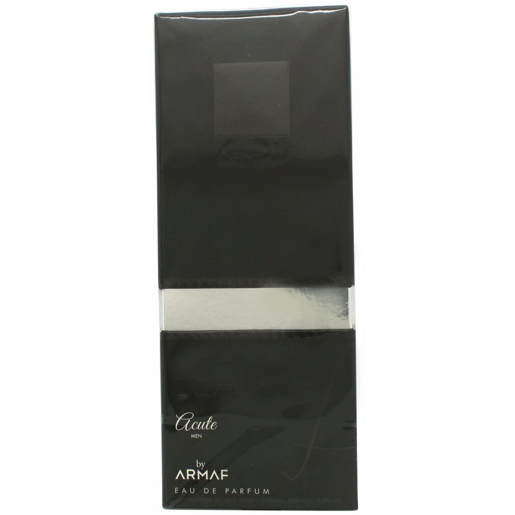 Schwarze Verpackung mit silbernem Akzent. Text: Acute, by Armaf, Eau de Parfum.