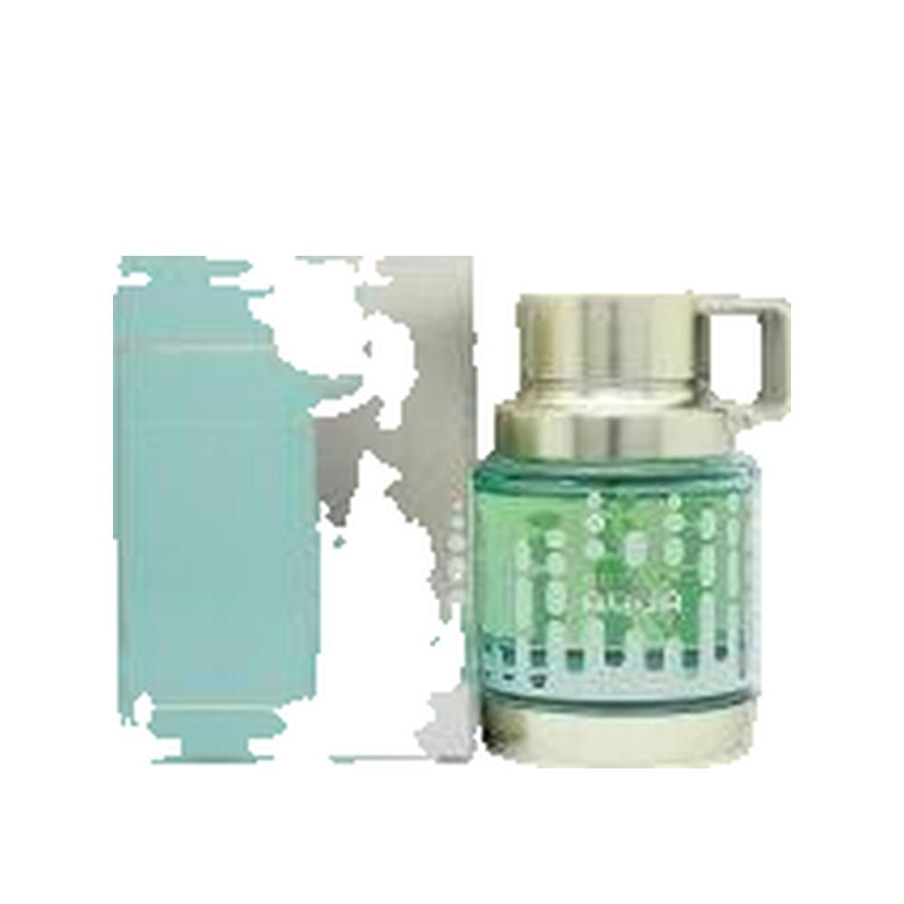 Grünes Glasparfüm mit silbernem Deckel und Griff. Hellblaue Verpackung daneben. Aufschrift AQUA.