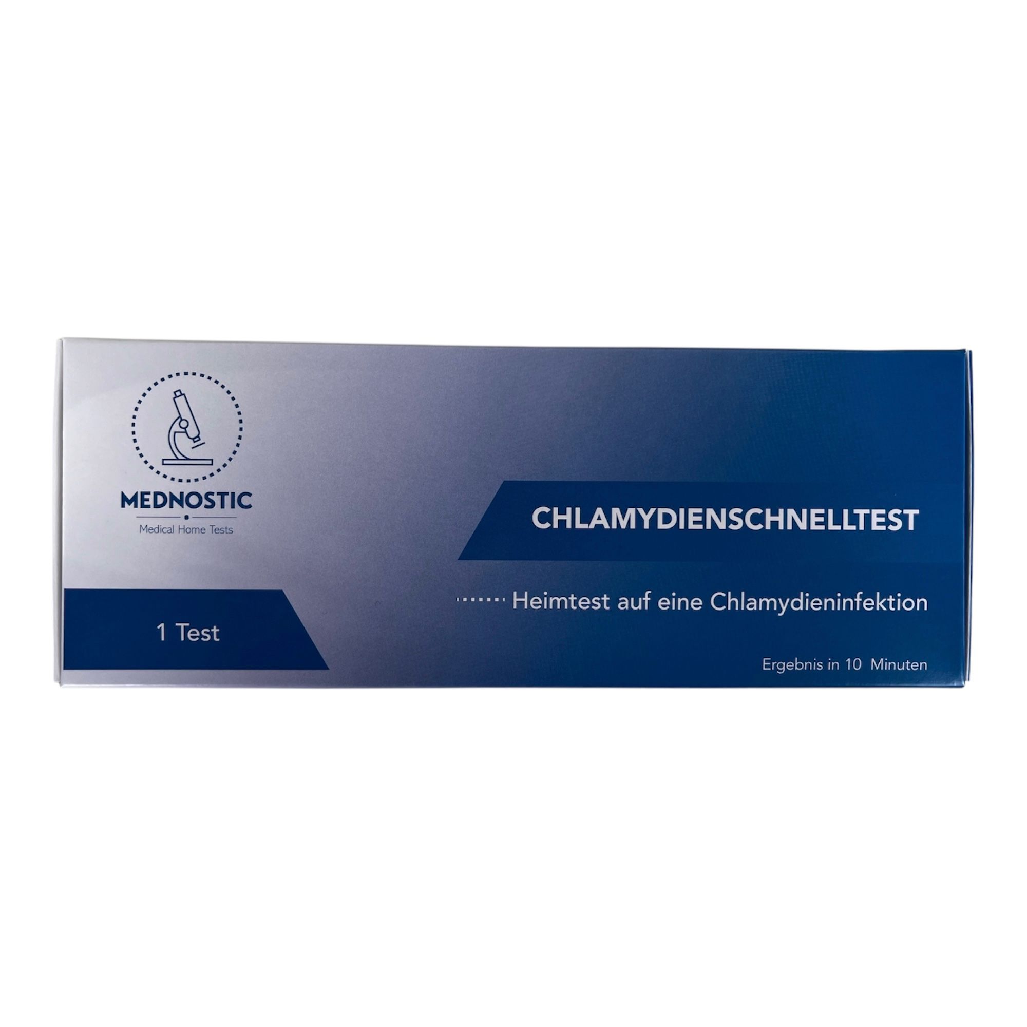 Mednostic Chlamydien Schnelltest: Verpackung mit Mikroskop-Symbol und CE-Kennzeichnung.