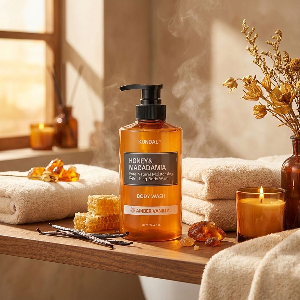 Bernsteinfarbene Flasche mit schwarzem Pumpkopf. Aufschrift: KUNDAL Honey & Macadamia Body Wash Amber Vanilla. Auf Holzregal mit Accessoires.