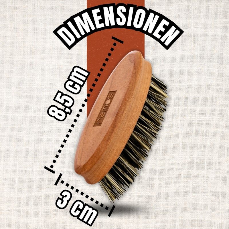 Nahaufnahme der Bartbürste mit Maßangaben: 8,5 cm Länge, 3 cm Breite. Der Markenname "remos" ist sichtbar.