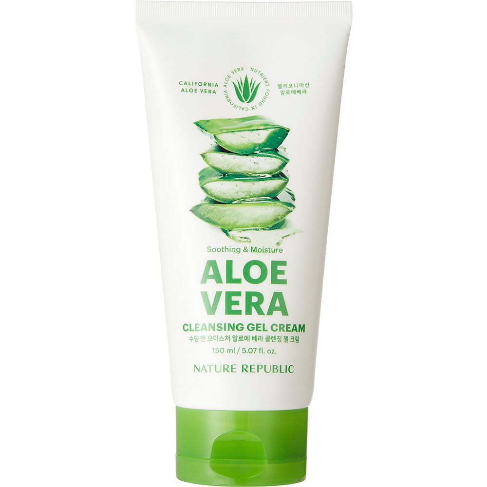 Weiß-grüne Tube mit Aloe Vera-Abbildung und Schriftzug. Produktname: Aloe Vera Cleansing Gel Cream. Marke: NATURE REPUBLIC.