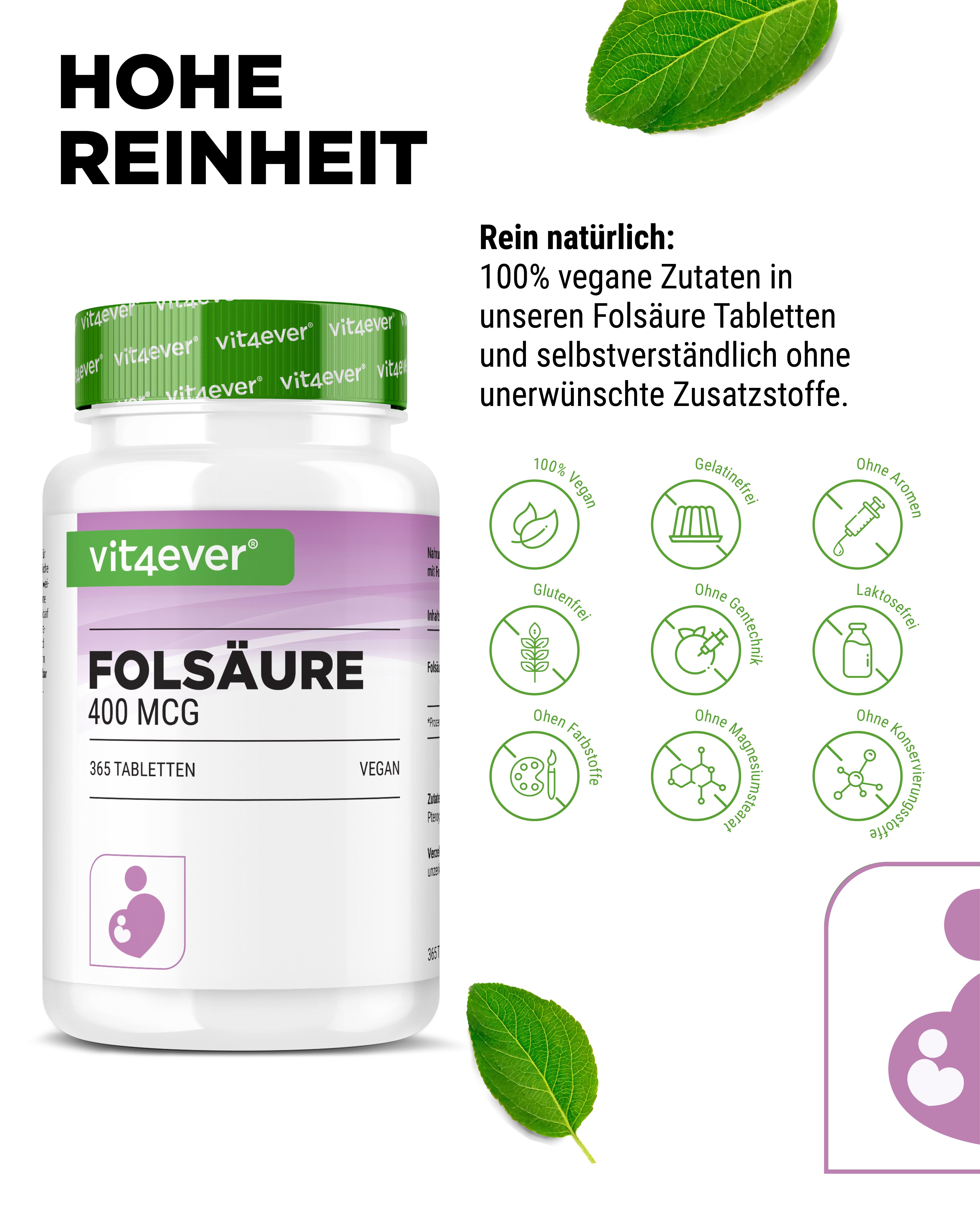 Flasche mit Folsäure-Tabletten. Aufschrift: Folsäure 400 mcg, 365 Tabletten, vegan. Logo: vit4ever. Symbole für vegan, glutenfrei, ohne Aromen.
