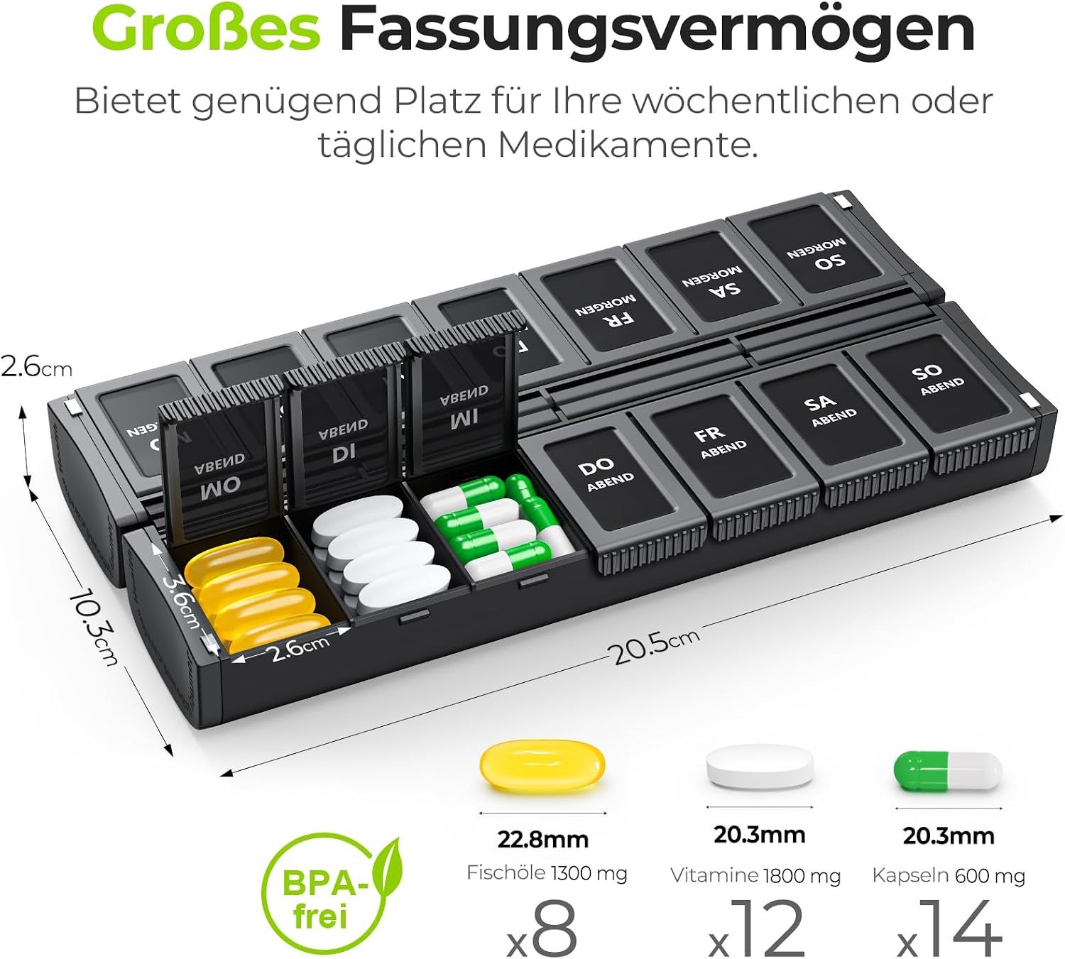Tablettenbox mit 7 Fächern für jeden Tag, aufgeteilt in Morgen und Abend.