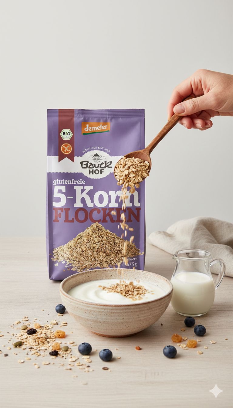 Bauckhof 5-Korn Flocken glutenfrei Packung mit Haferflocken in einer Schüssel und Milch.