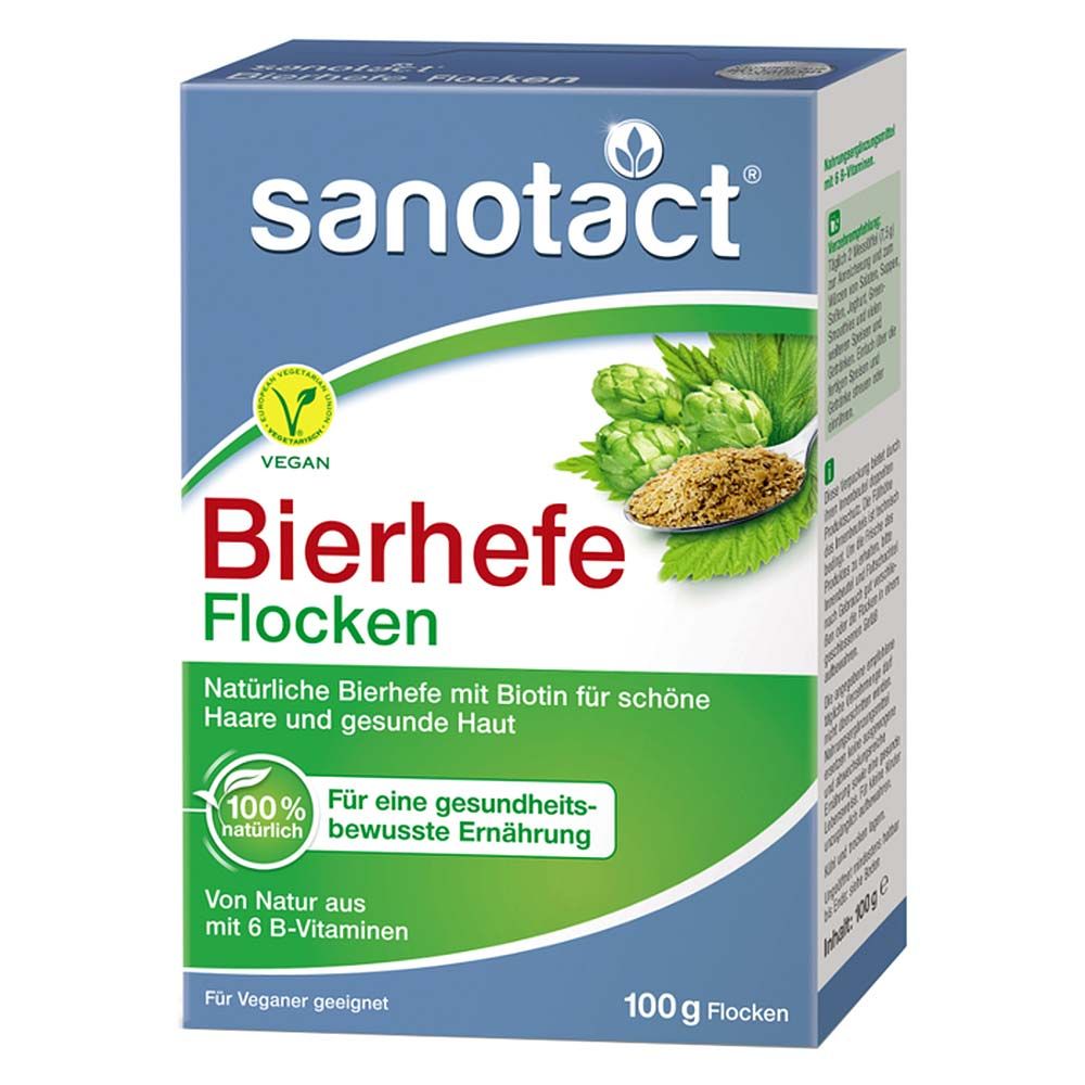 Karton mit Sanotact Bierhefe Flocken. Aufschrift: Vegan, Bierhefe Flocken, für gesunde Haare und Haut. 100% natürlich. 100g Flocken.