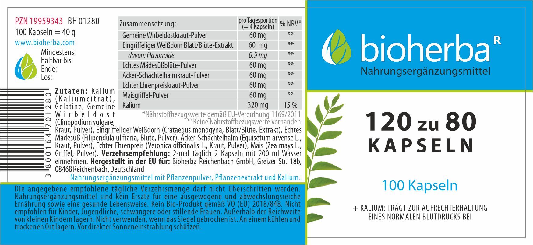 Etikett mit Produktinformationen. Bioherba, 120 zu 80 Kapseln, 100 Kapseln. Inhaltsstoffe, Nährwertangaben, Herstelleradresse.