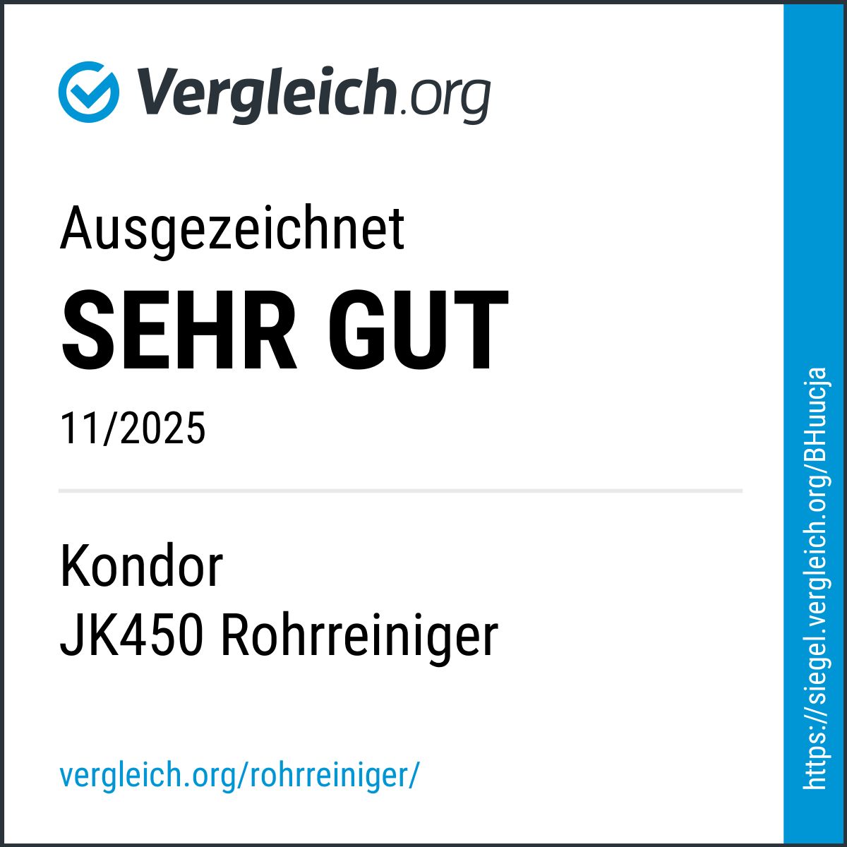 Auszeichnung 'Sehr Gut' von Vergleich.org für Kondor JK450 Rohrreiniger. Gültig bis 11/2025. Blaues und weißes Design.