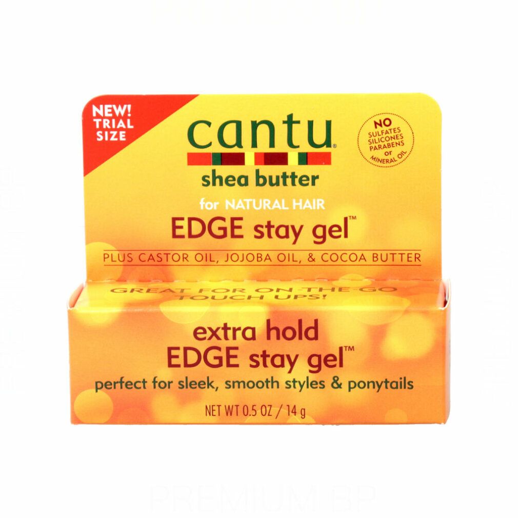 Gel-Verpackung mit Cantu-Logo. "Extra Hold Edge Stay Gel"-Text. "Shea Butter" und "Natural Hair" sind ebenfalls sichtbar.