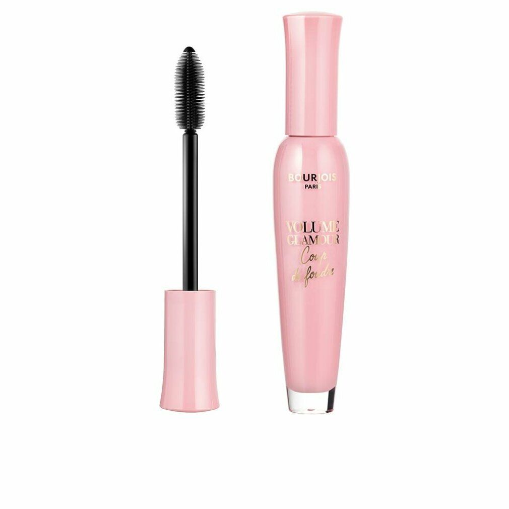 Rosa Mascara-Tube und Bürste. Aufschrift: Bourjois Volume Glamour Coup de Foudre Black. Schwarze Bürste.