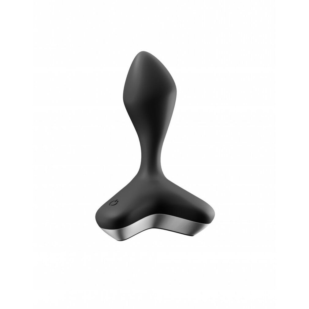 Schwarzer Analvibrator mit drei Flügeln und einer Taste. Unterseite silberfarben.
