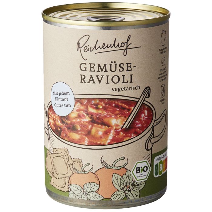 Konservendose mit Reichenhof Gemüse Ravioli, vegetarisch. Aufdruck mit Illustrationen von Gemüse und Bio-Siegel.
