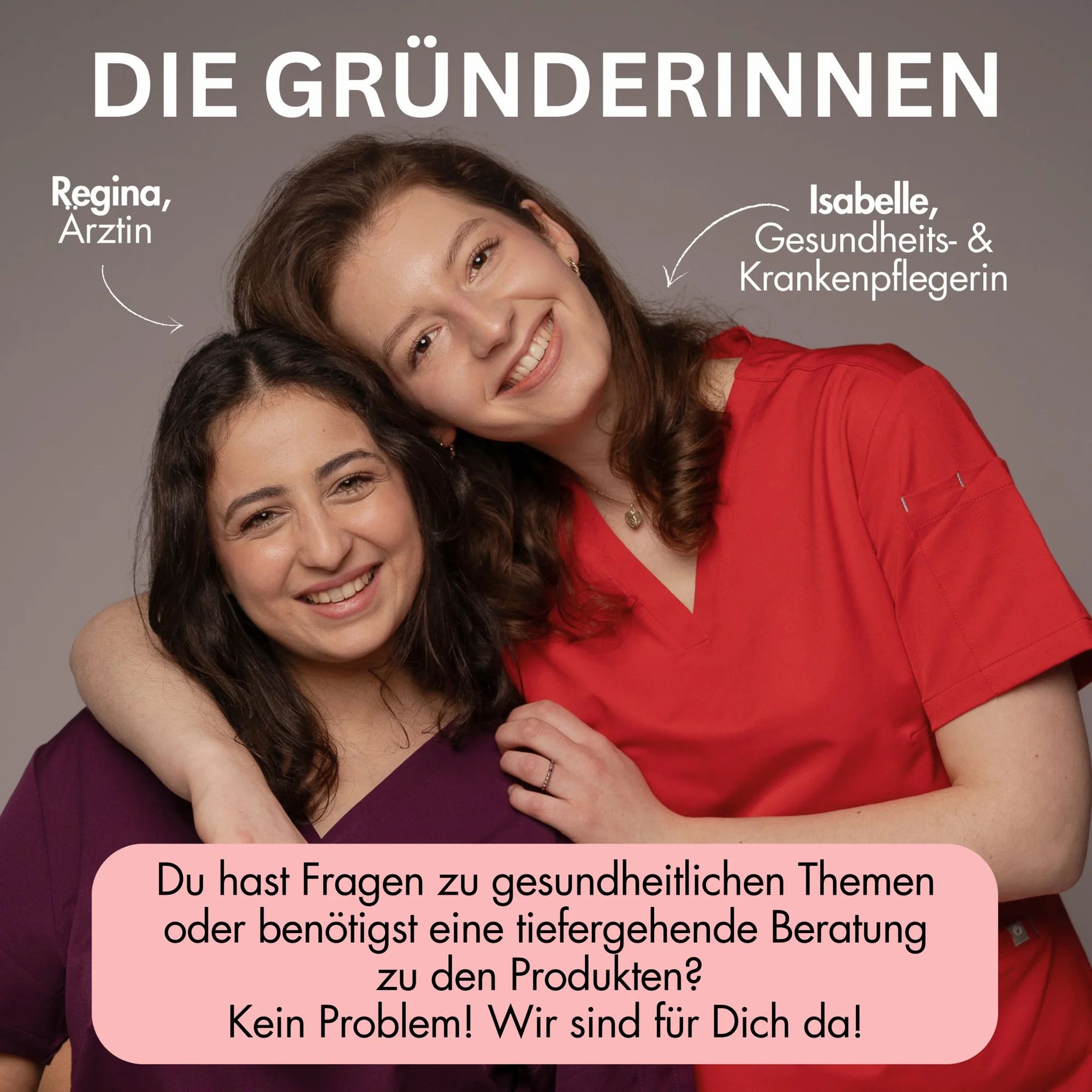 Zwei Frauen lächeln. Text: Fragen zu Gesundheitsthemen? Kein Problem! Wir sind für Dich da!