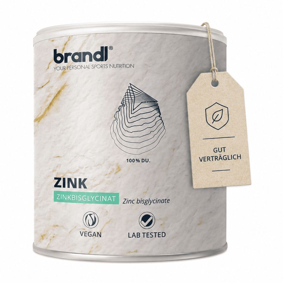 Dose brandl® Zink Bisglycinat, Kapseln. Text: Vegan, Lab getestet. Anhänger: Gut verträglich. 100% DU.