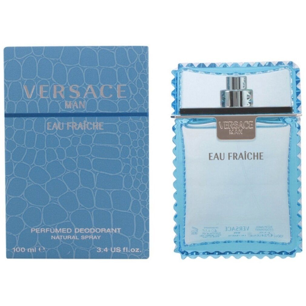 Hellblaues Deodorant-Spray und Schachtel. Aufschrift: Versace Man Eau Fraiche. Schachtel mit Krokodilmuster.