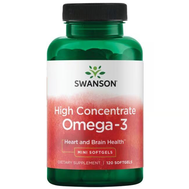 Grüne Flasche mit schwarzen Deckel. Etikett mit SWANSON Logo und Text: High Concentrate Omega-3. Mini Softgels. 120 Softgels.