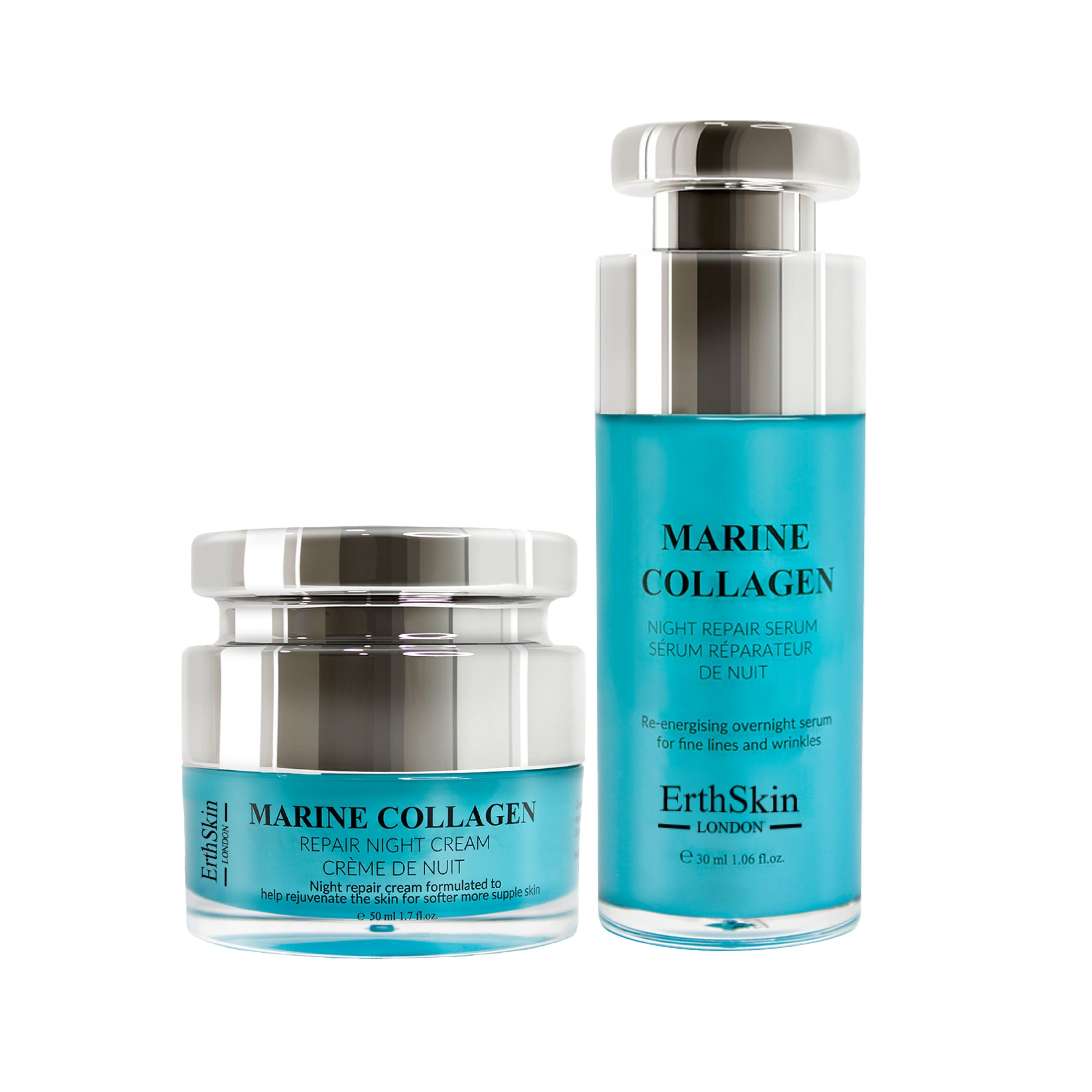 Zwei Kosmetikprodukte: Marine Collagen Nachtcreme und Serum. Blaue Behälter mit silbernen Deckeln. ErthSkin London Logo.