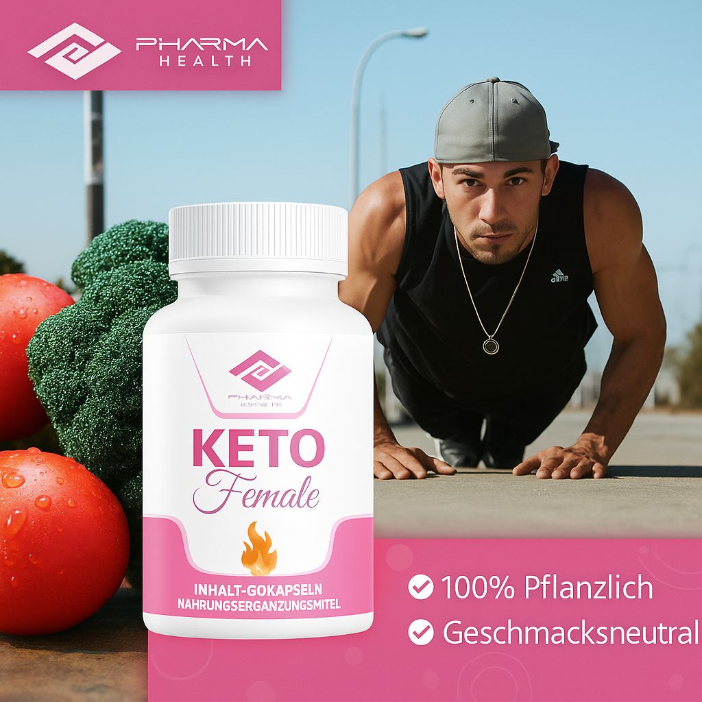 Weiße Flasche mit rosa Etikett. Aufschrift: KETO Female, Pharma Health Logo, 60 Kapseln. Flammen-Symbol. Mann im Hintergrund.