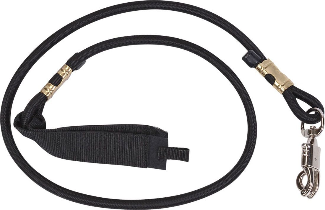 Schwarzer Elastik Anbinder mit Karabinerhaken und Schnallen.