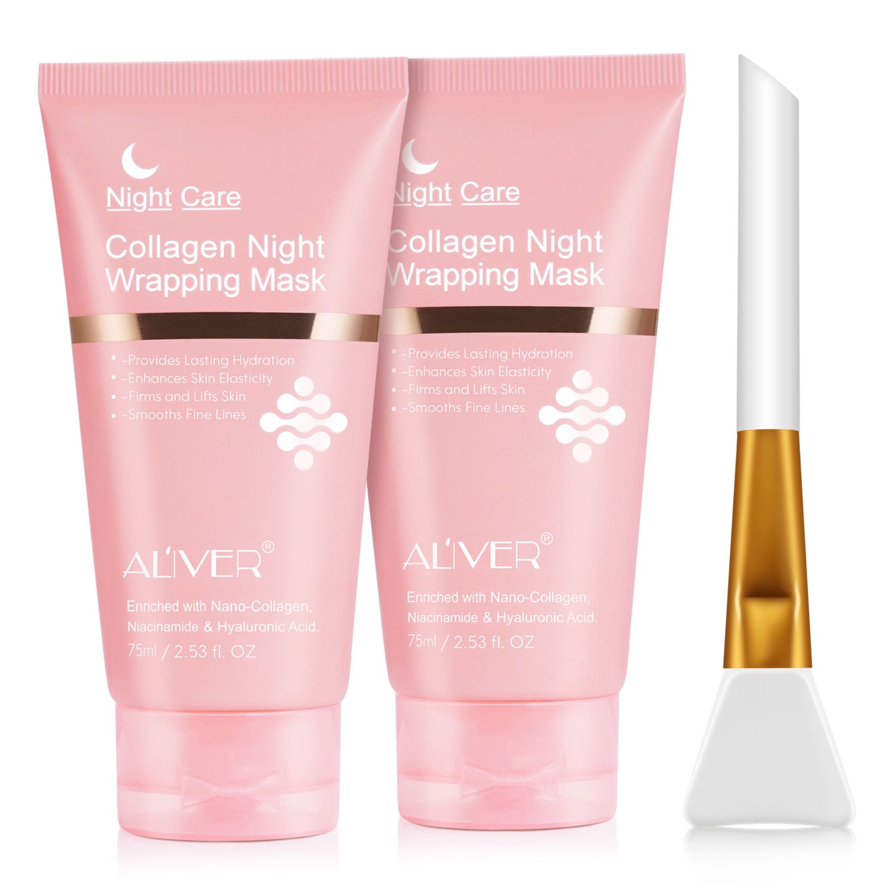 Zwei Tuben ALIVER Collagen Night Wrapping Mask und ein Pinsel. Text: Night Care. 75ml/2.53 fl. oz.