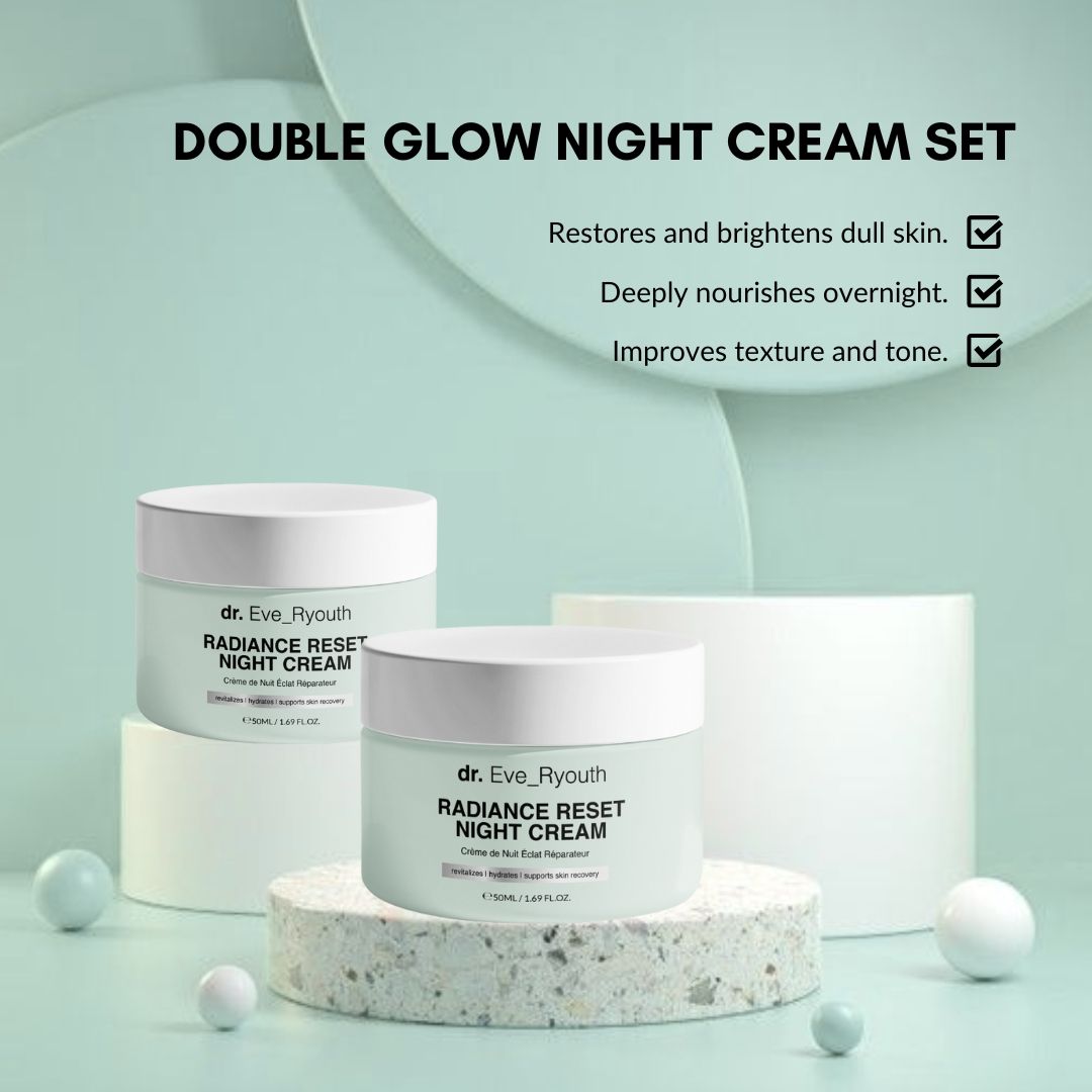 Drei Tiegel mit weißem Deckel. Aufschrift: Dr. Eve_Ryouth Radiance Reset Night Cream. Auf Podest. Hintergrund: Kugeln und Kreise.