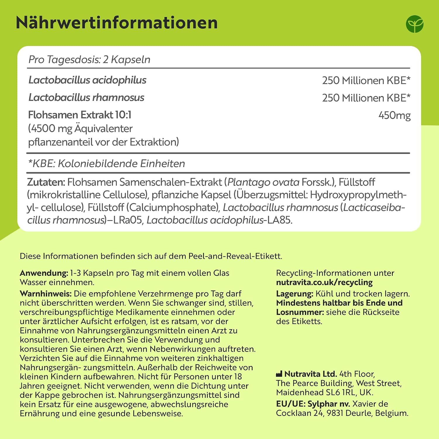 Nährwertangaben für Flohsamenschalen & Bio-Kulturen Kapseln.