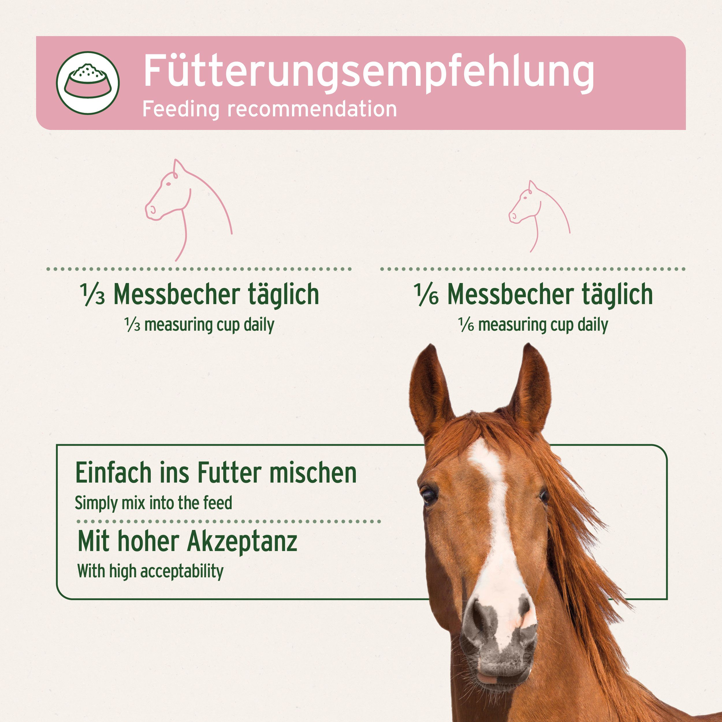Infografik mit Fütterungsempfehlung. 1/3 Messbecher täglich für Pferde, 1/6 für Ponys. Mit Pferdekopf.