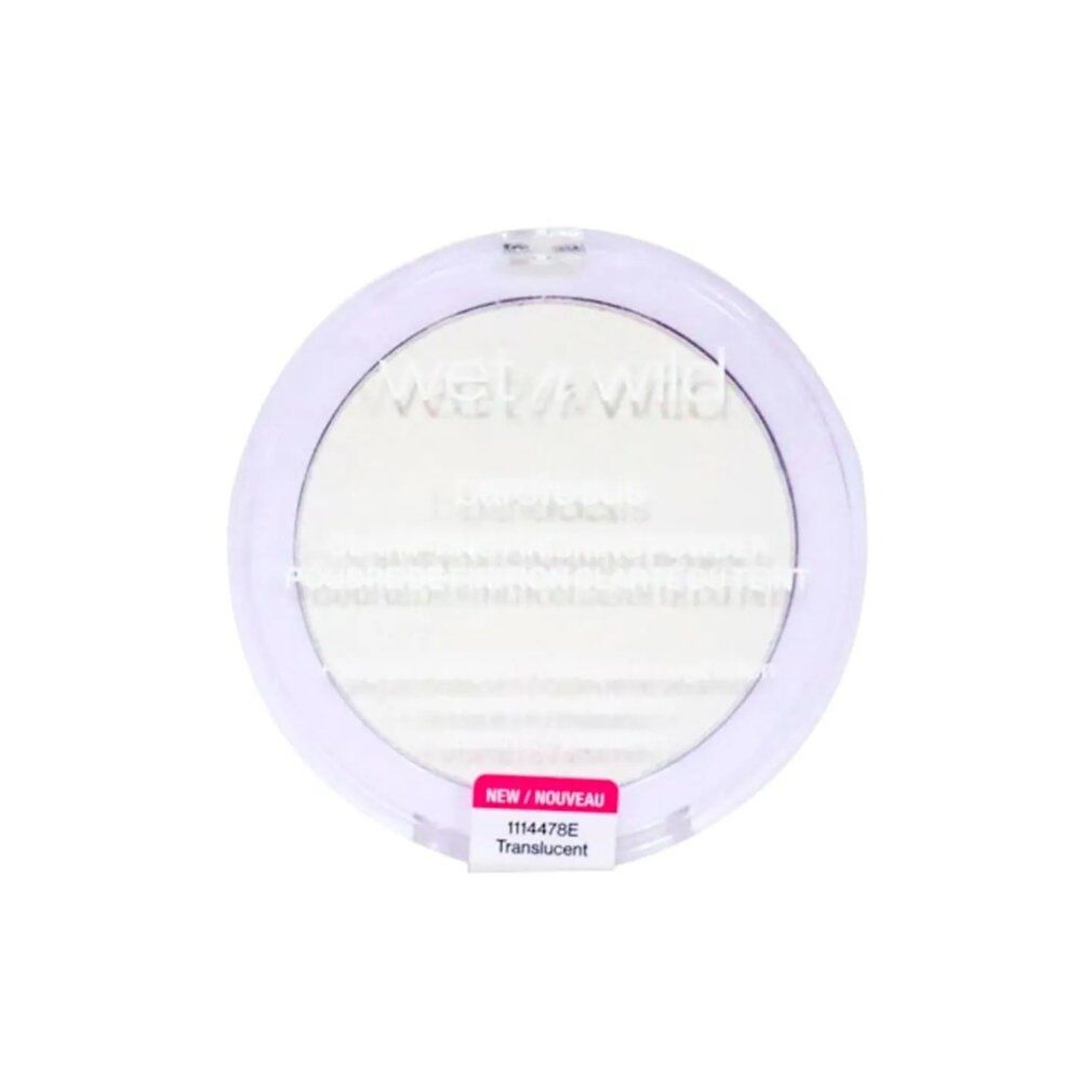 Runder, transparenter Behälter mit weißem Puder. Aufschrift: Wet n Wild. Etikett: NEW/NOUVEAU, 1114478E, Translucent.
