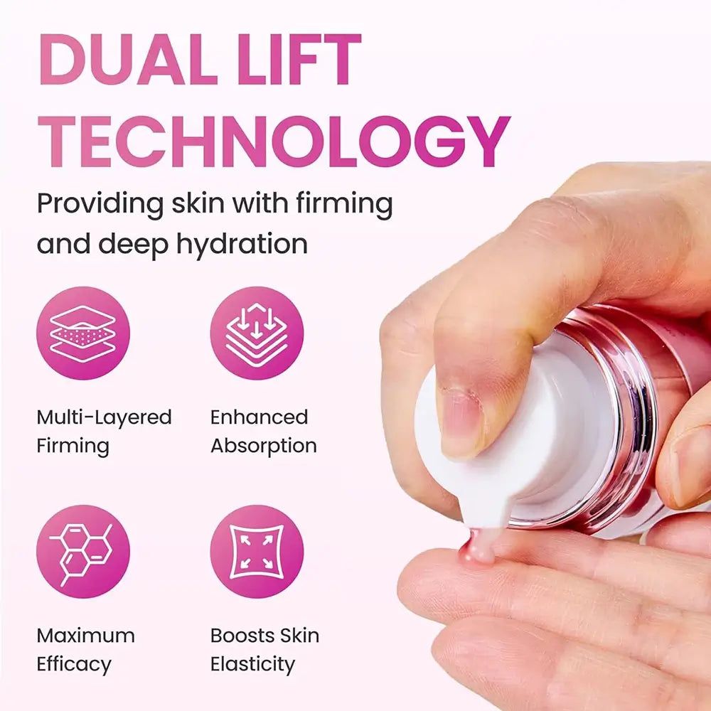 Nahaufnahme der Pumpe des YADAH Collagen Dual Lift Serum mit Icons für Vorteile.