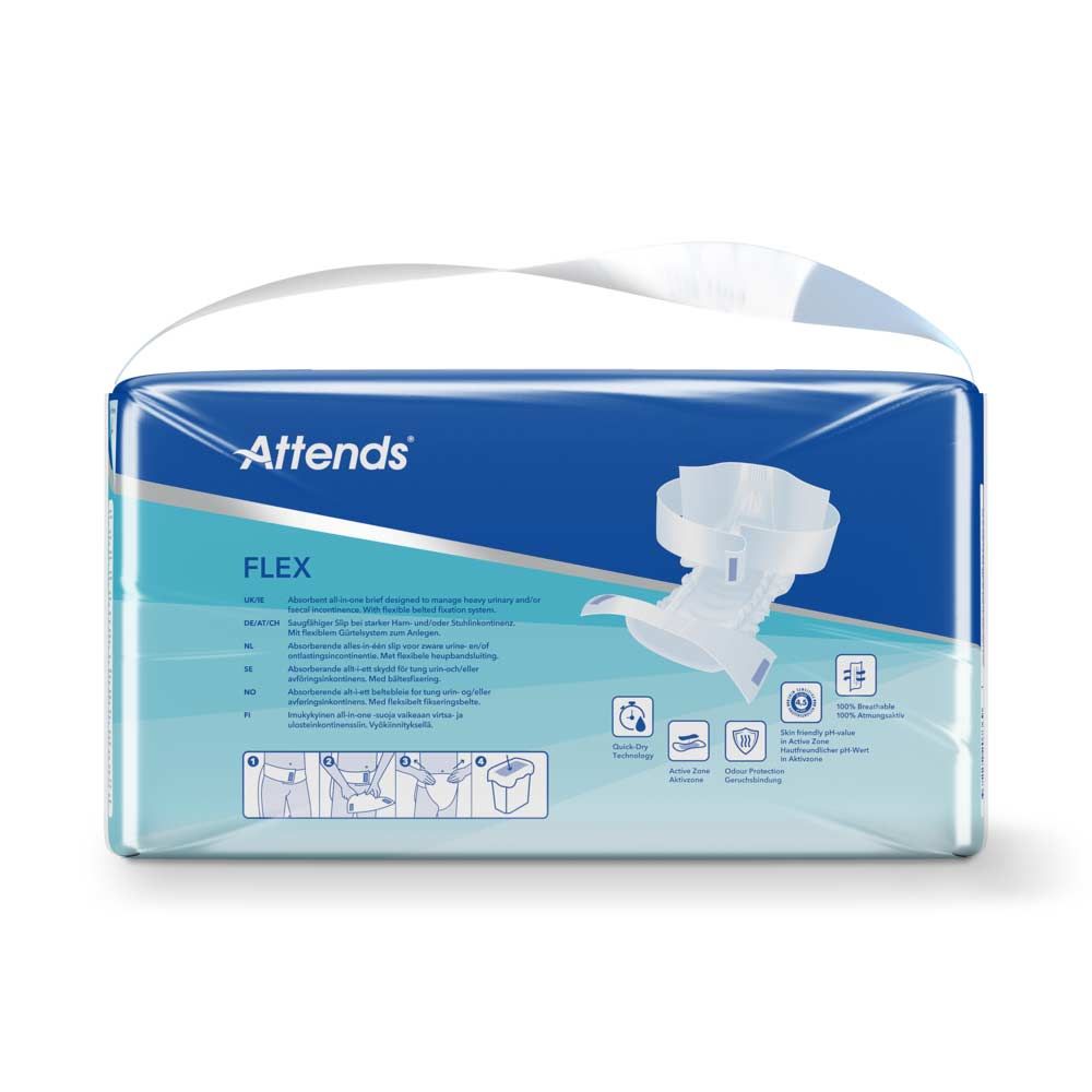 Attends Flex Verpackung. Blaue Verpackung mit Produktbezeichnung und Piktogrammen. Weiße Inkontinenzvorlage.