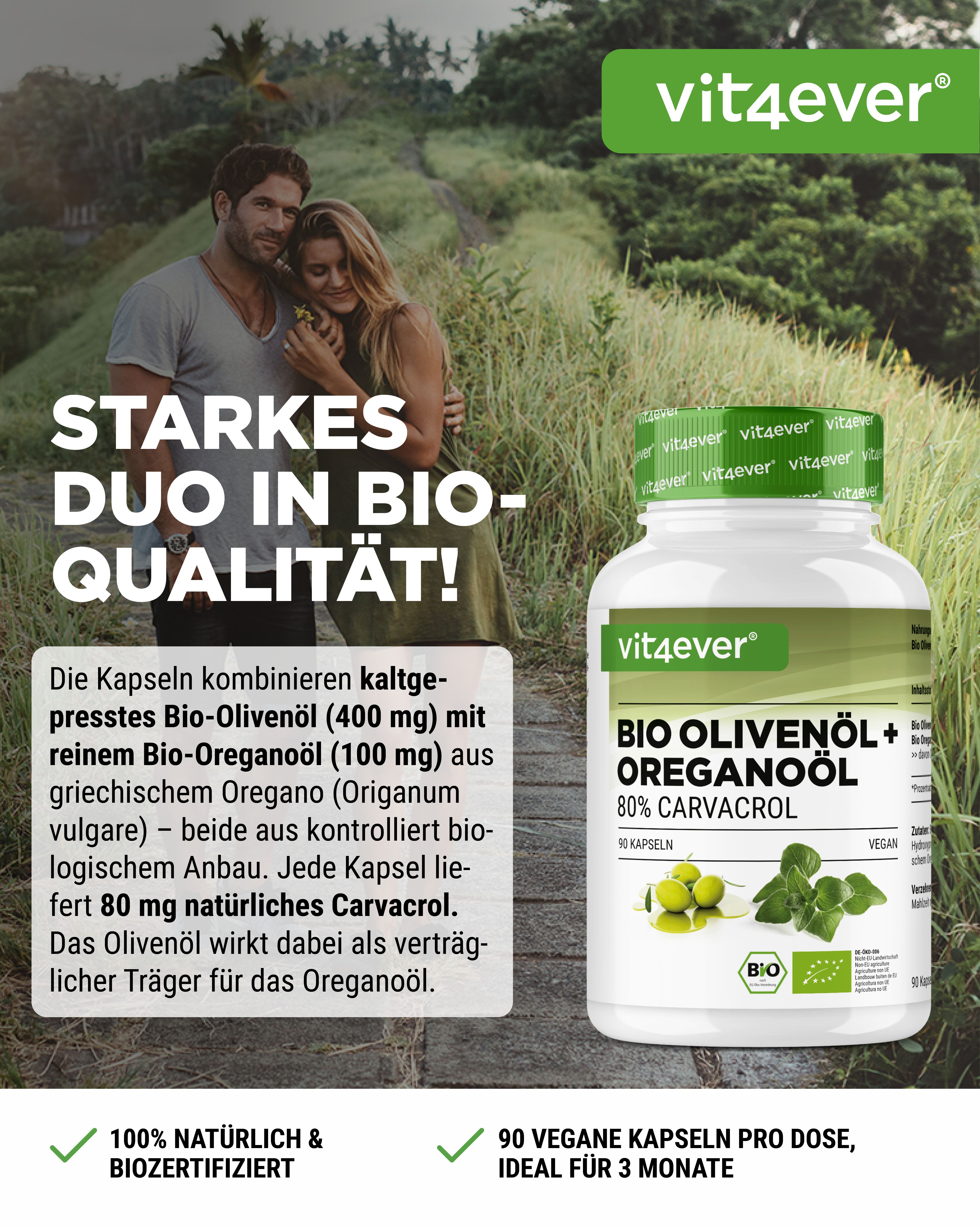 Flasche Bio Olivenöl + Oreganoöl. 80% Carvacrol. 90 Kapseln. Vegan. Paar im Hintergrund. Text: Starkes Duo in Bio-Qualität!