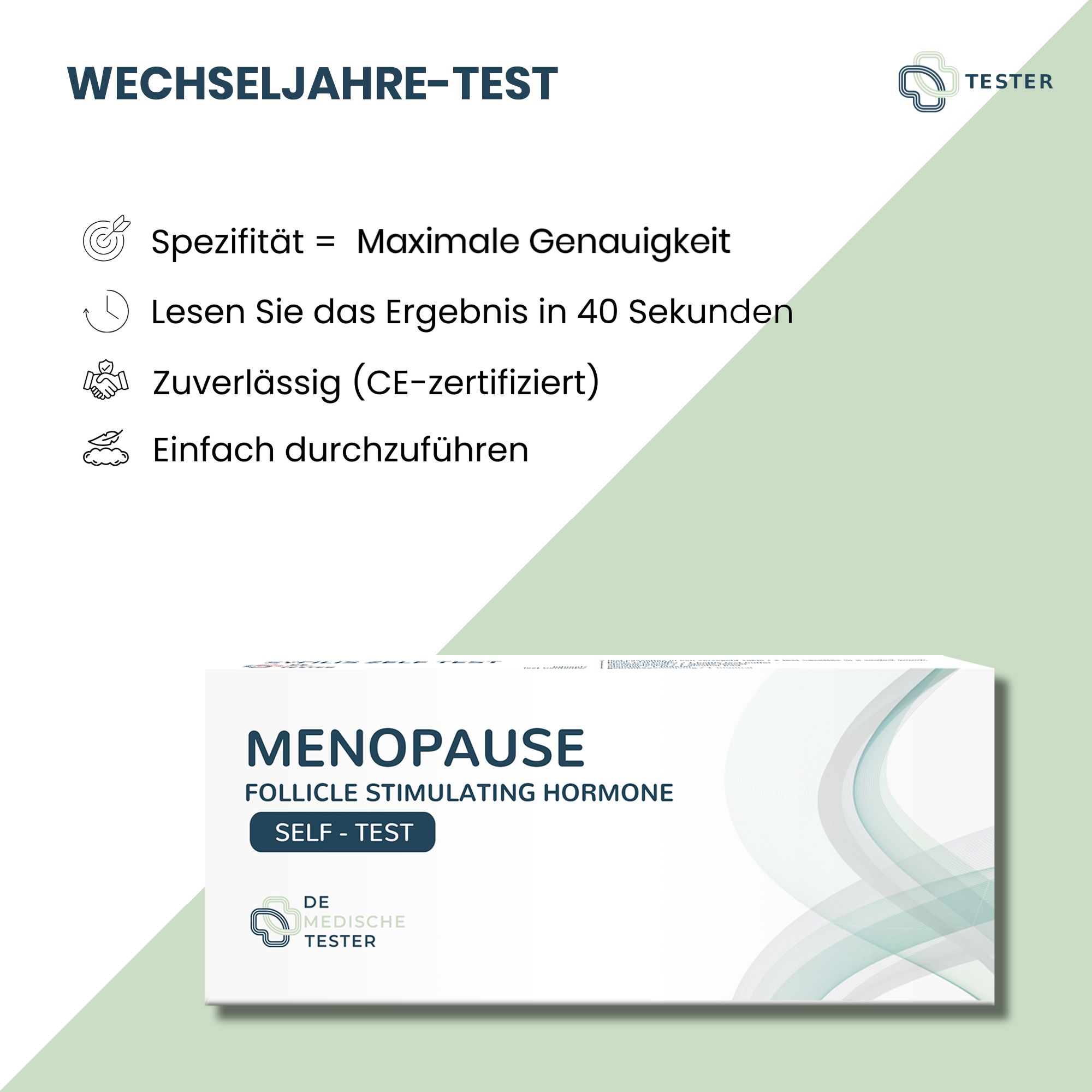 Produktabbildung mit Text: WECHSELJAHRE-TEST. Informationen: Spezifität, Ergebnis in 40 Sekunden, CE-zertifiziert, einfach durchzuführen. Produktverpackung unten.